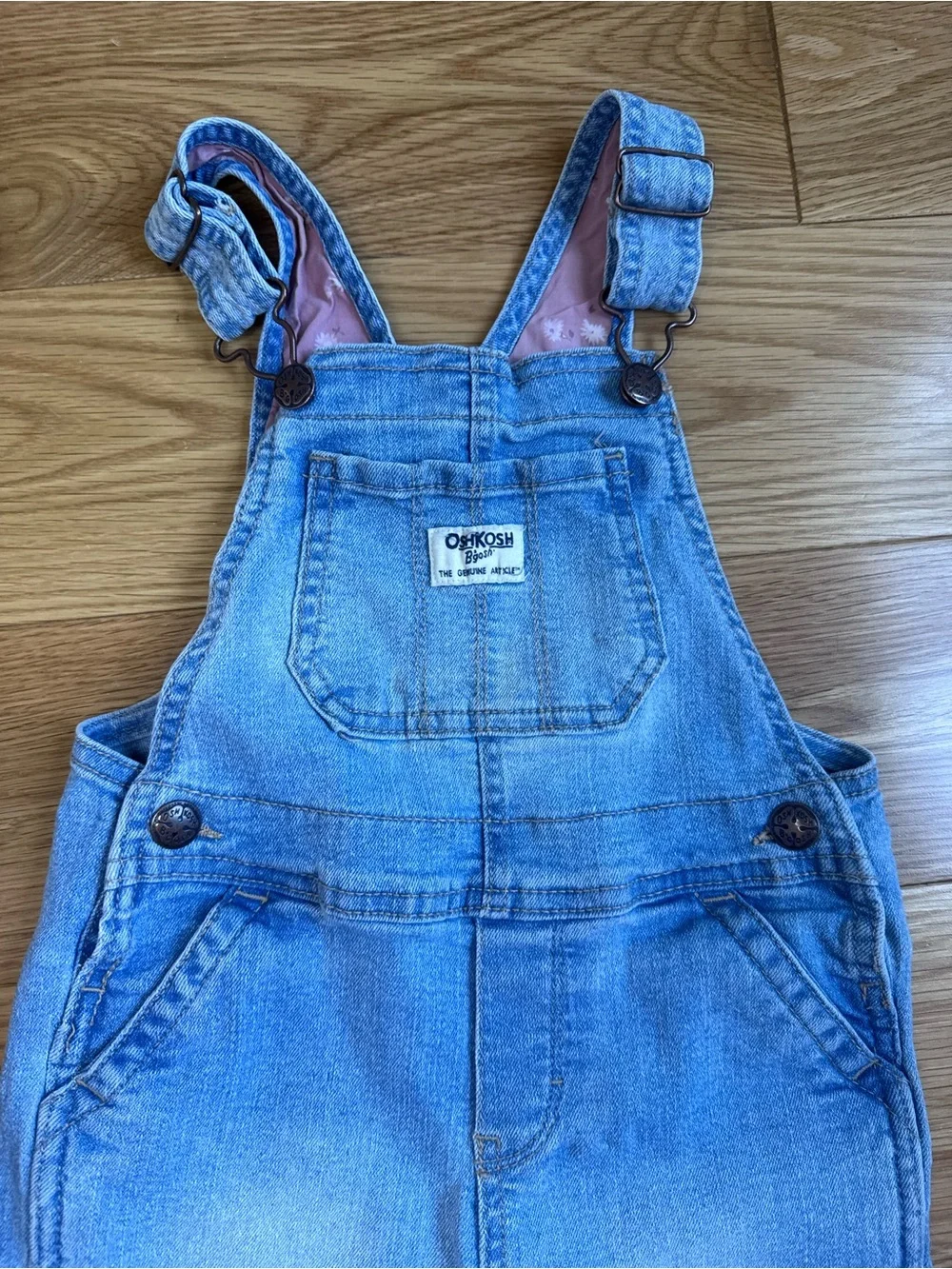 OshKosh B'gosh Light Blue Denim Overalls with Pink Floral Cuff Lining